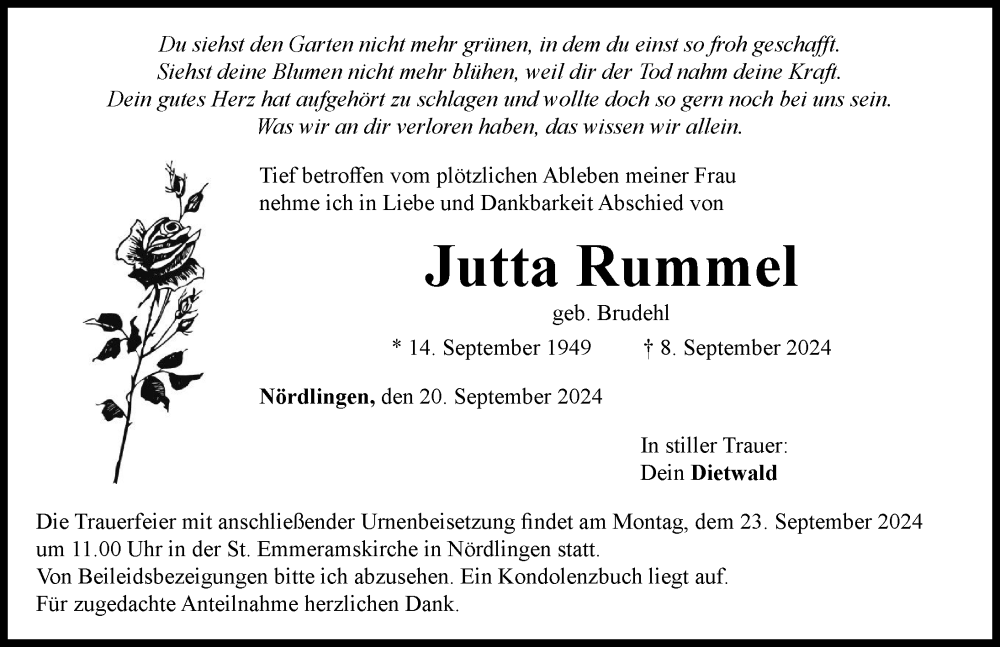 Traueranzeige von Jutta Rummel von Rieser Nachrichten