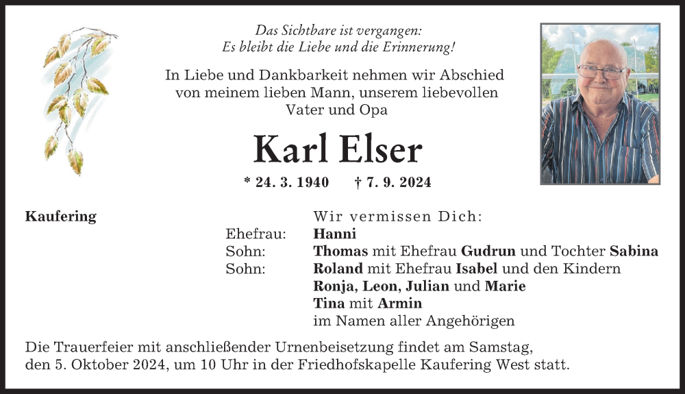 Traueranzeige von Karl Elser von Landsberger Tagblatt