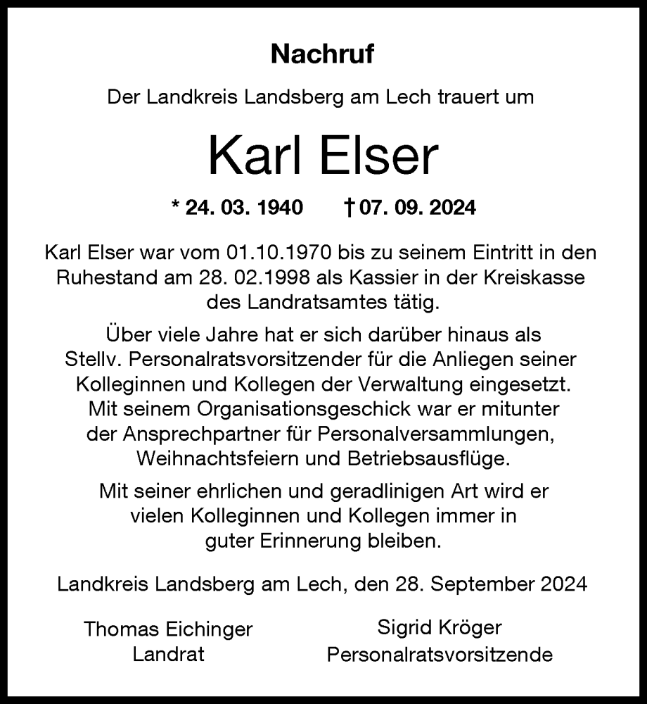 Traueranzeige von Karl Elser von Landsberger Tagblatt