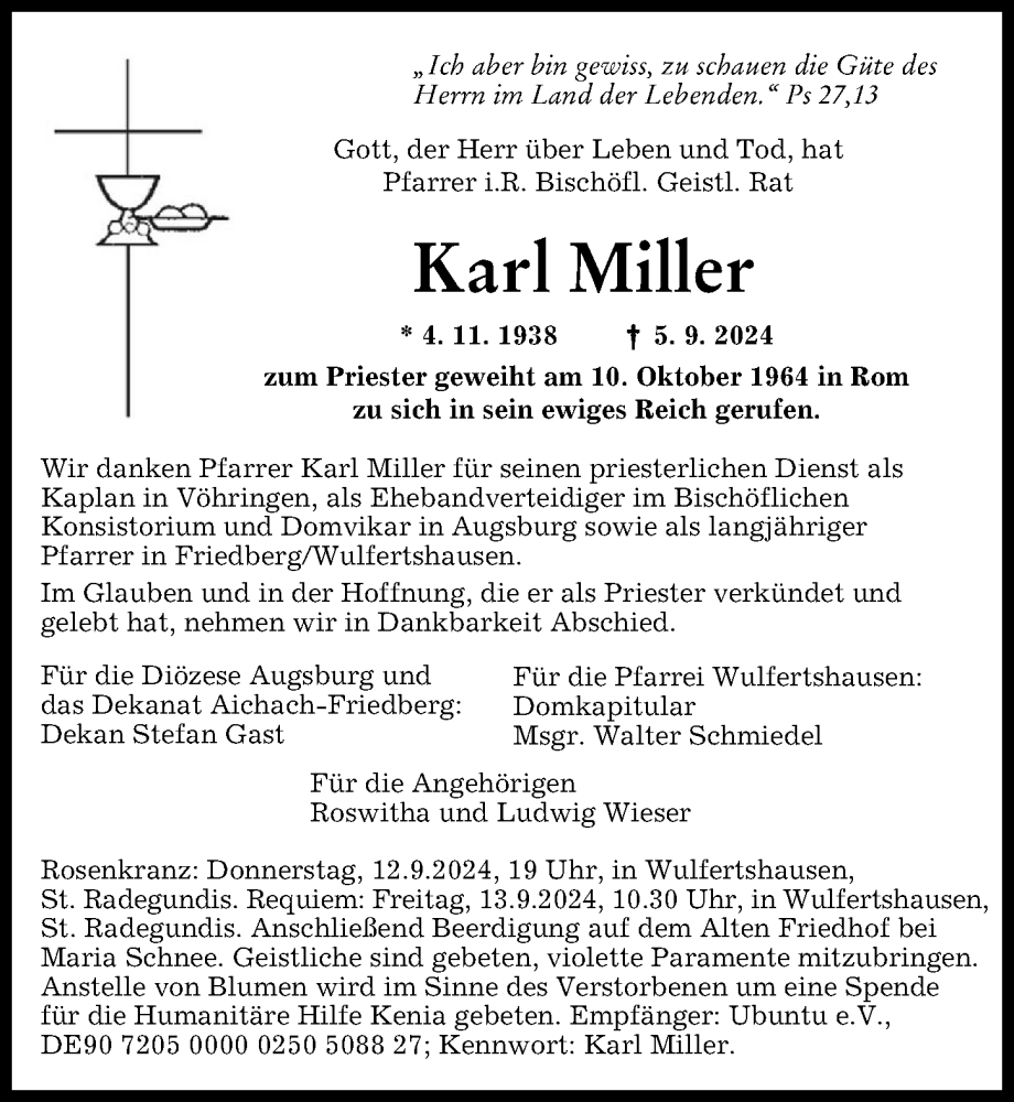 Traueranzeige von Karl Miller von Friedberger Allgemeine