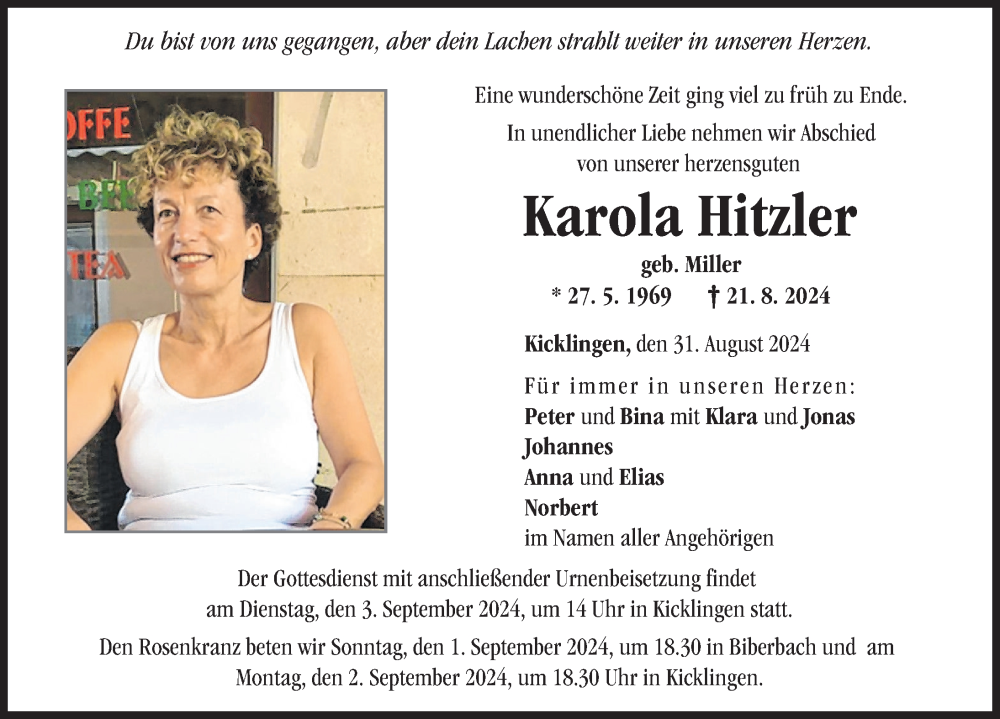  Traueranzeige für Karola Hitzler vom 31.08.2024 aus Donau Zeitung