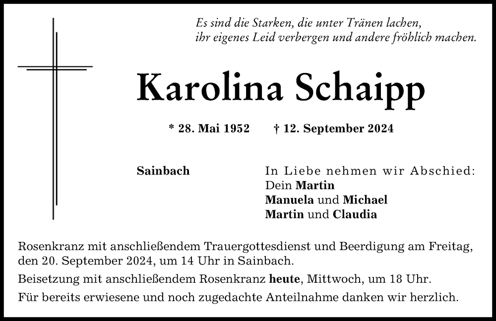 Traueranzeige von Karolina Schaipp von Aichacher Nachrichten