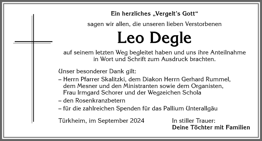 Traueranzeige von Leo Degle von Mindelheimer Zeitung