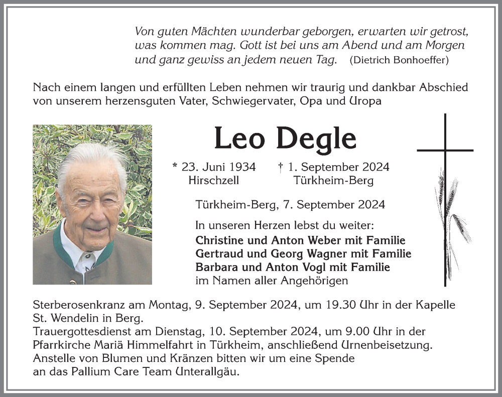 Traueranzeige von Leo Degle von Mindelheimer Zeitung