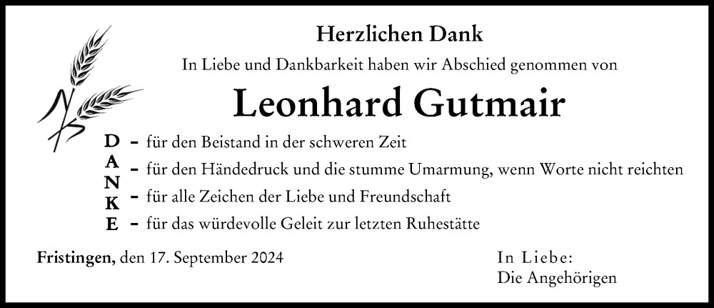 Traueranzeige von Leonhard Gutmair von Donau Zeitung