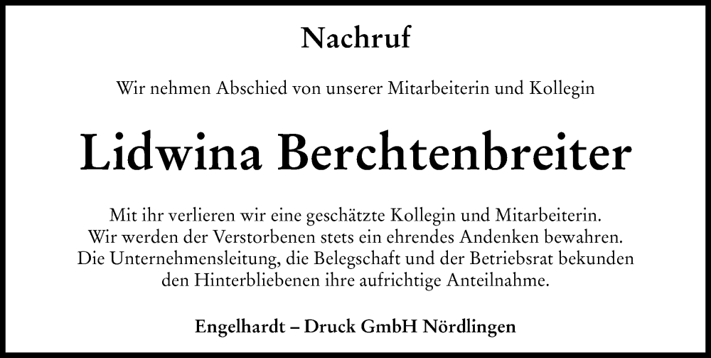 Traueranzeige von Lidwina Berchtenbreiter von Rieser Nachrichten