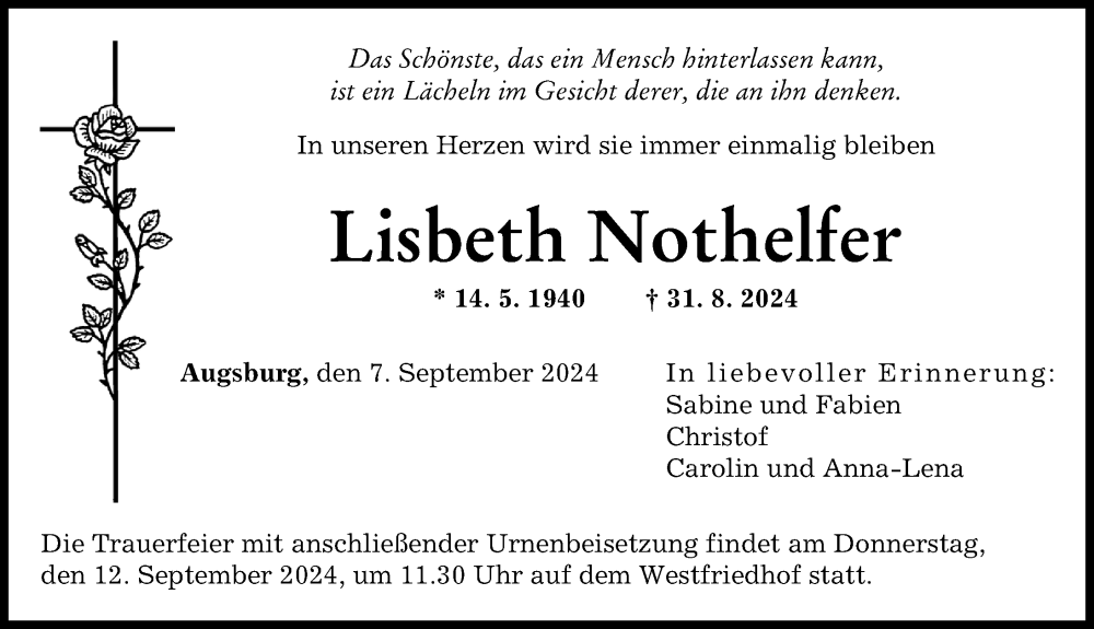 Traueranzeige von Lisbeth Nothelfer von Augsburger Allgemeine