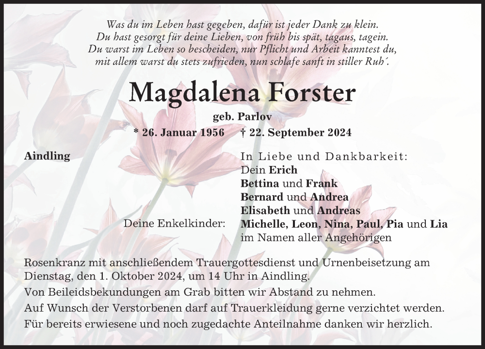 Traueranzeige von Magdalena Forster von Aichacher Nachrichten