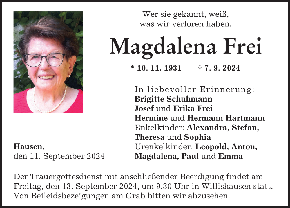 Traueranzeige von Magdalena Frei von Augsburg-Land