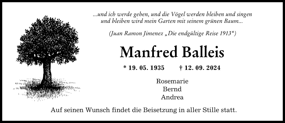 Traueranzeige von Manfred Balleis von Augsburger Allgemeine