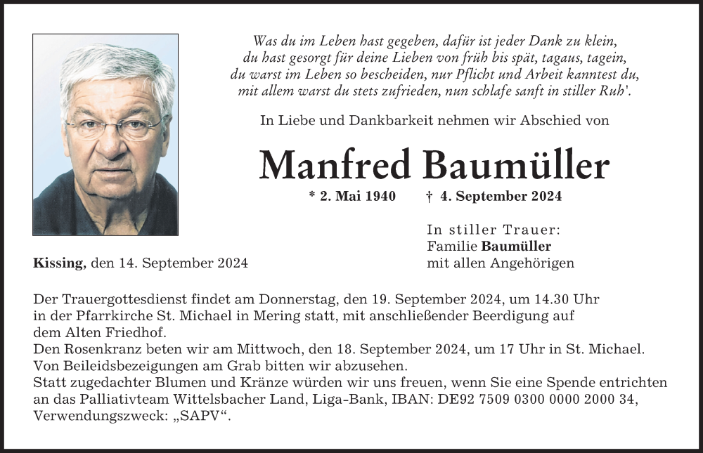 Traueranzeige von Manfred Baumüller von Friedberger Allgemeine