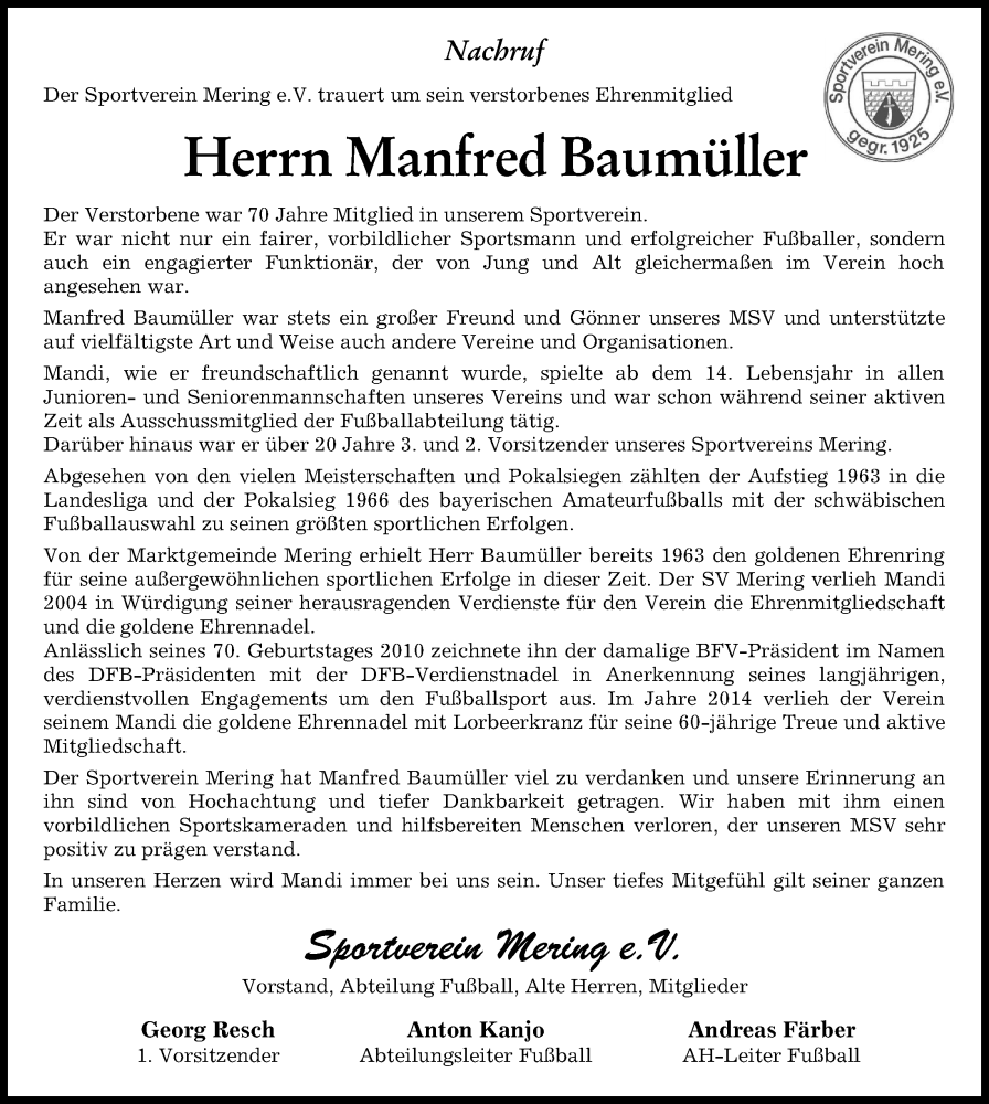 Traueranzeige von Manfred Baumüller von Friedberger Allgemeine