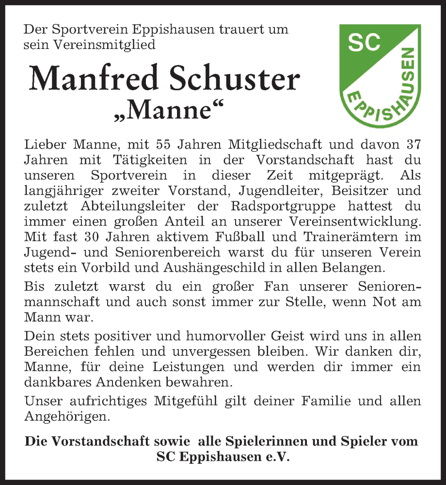 Traueranzeige von Manfred Schuster von Mindelheimer Zeitung