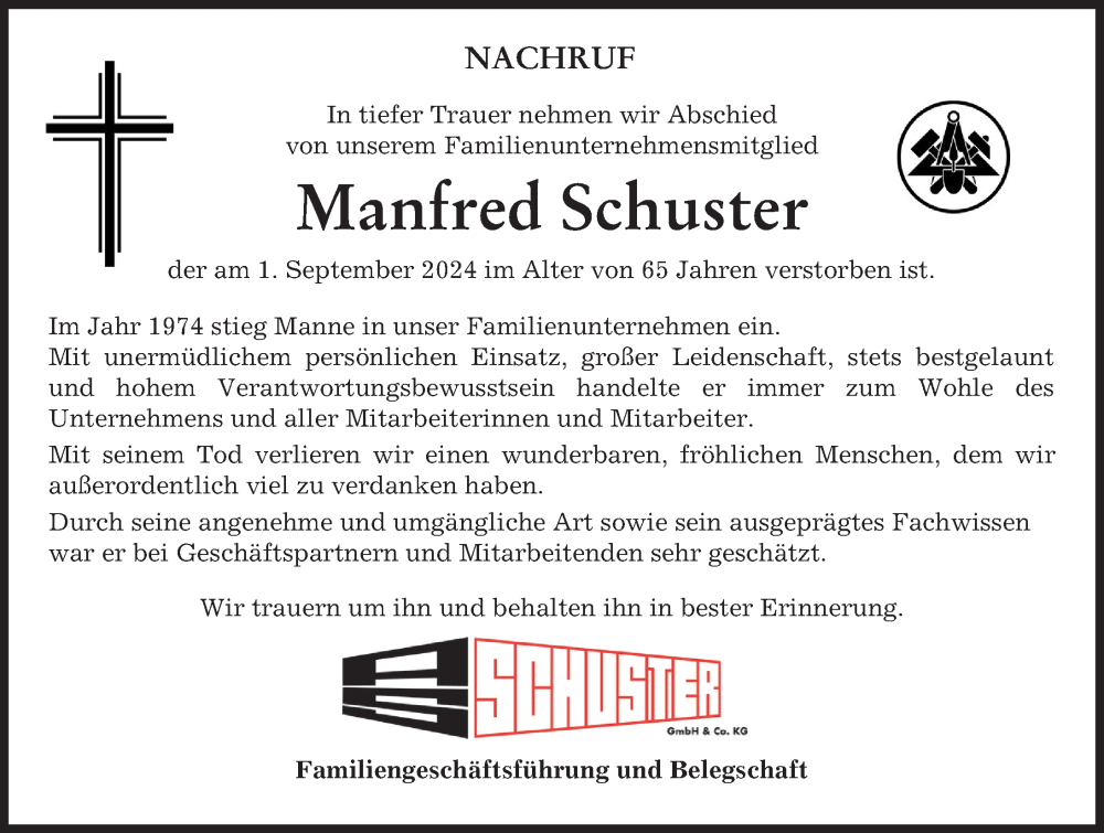 Traueranzeige von Manfred Schuster von Mindelheimer Zeitung