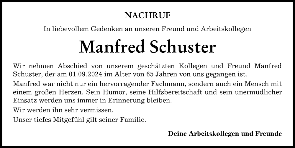 Traueranzeige von Manfred Schuster von Mindelheimer Zeitung