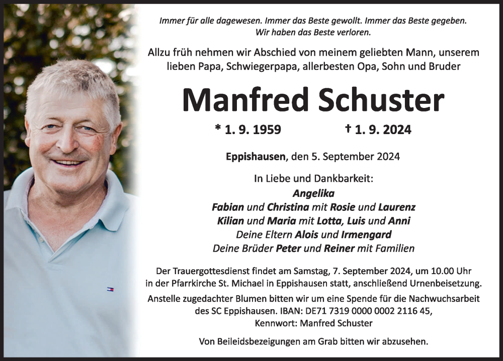 Traueranzeige von Manfred Schuster von Mindelheimer Zeitung