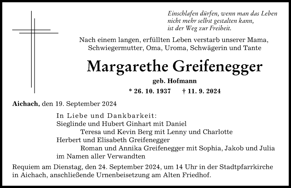 Traueranzeige von Margarethe Greifenegger von Aichacher Nachrichten