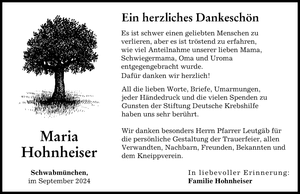 Traueranzeige von Maria Hohnheiser von Schwabmünchner Allgemeine