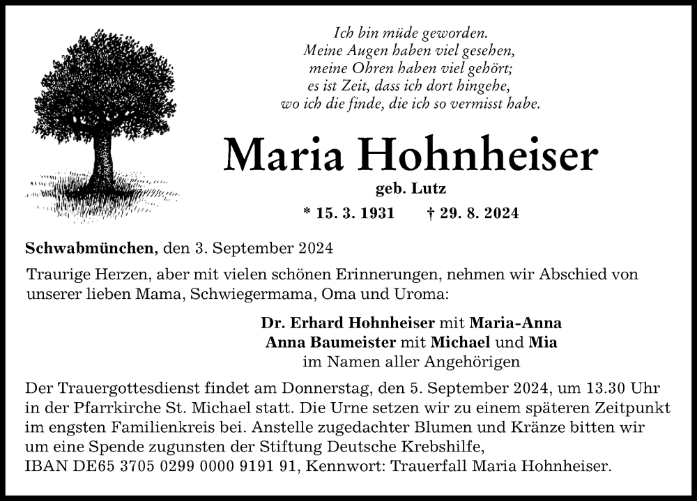 Traueranzeige von Maria Hohnheiser von Schwabmünchner Allgemeine