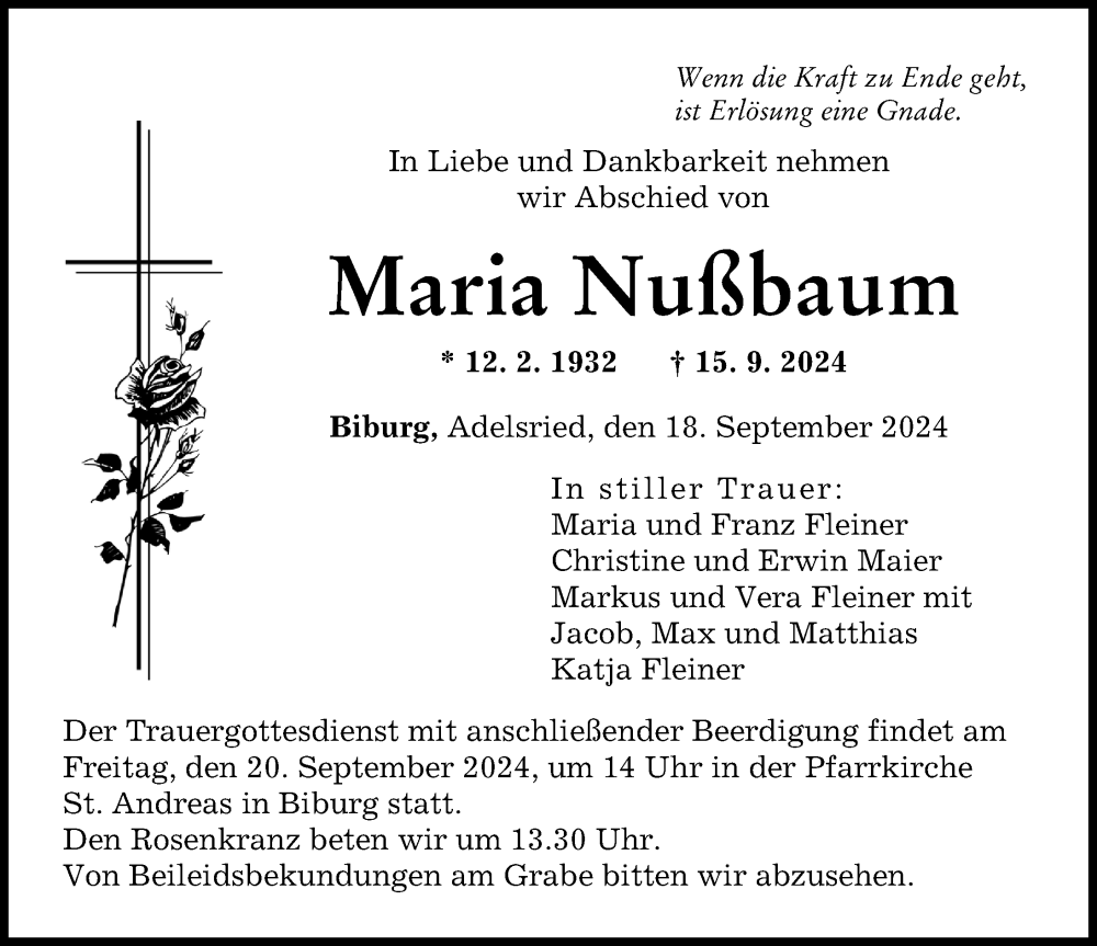 Traueranzeige von Maria Nußbaum von Augsburger Allgemeine