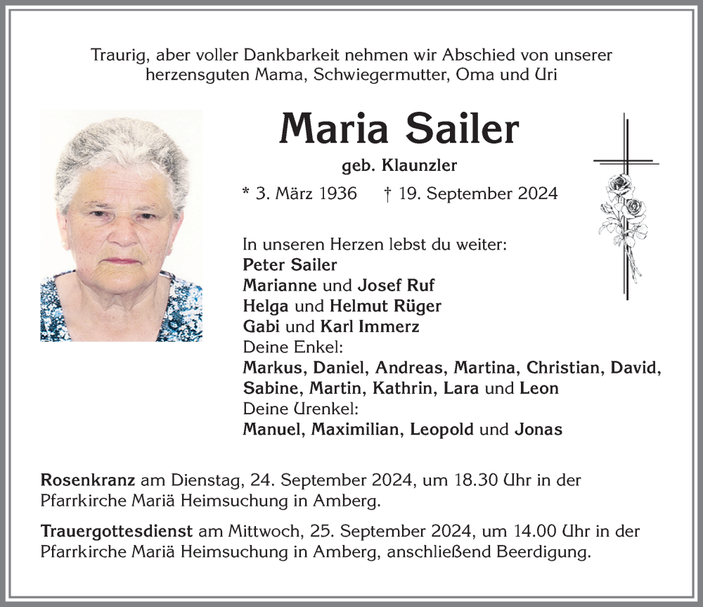 Traueranzeige von Maria Sailer von Mindelheimer Zeitung