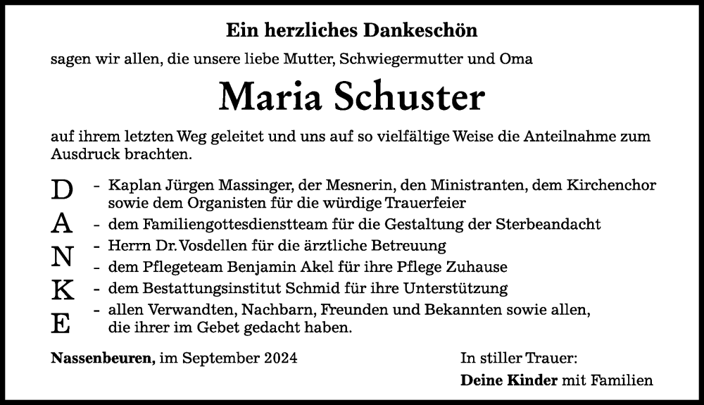 Traueranzeige von Maria Schuster von Mindelheimer Zeitung