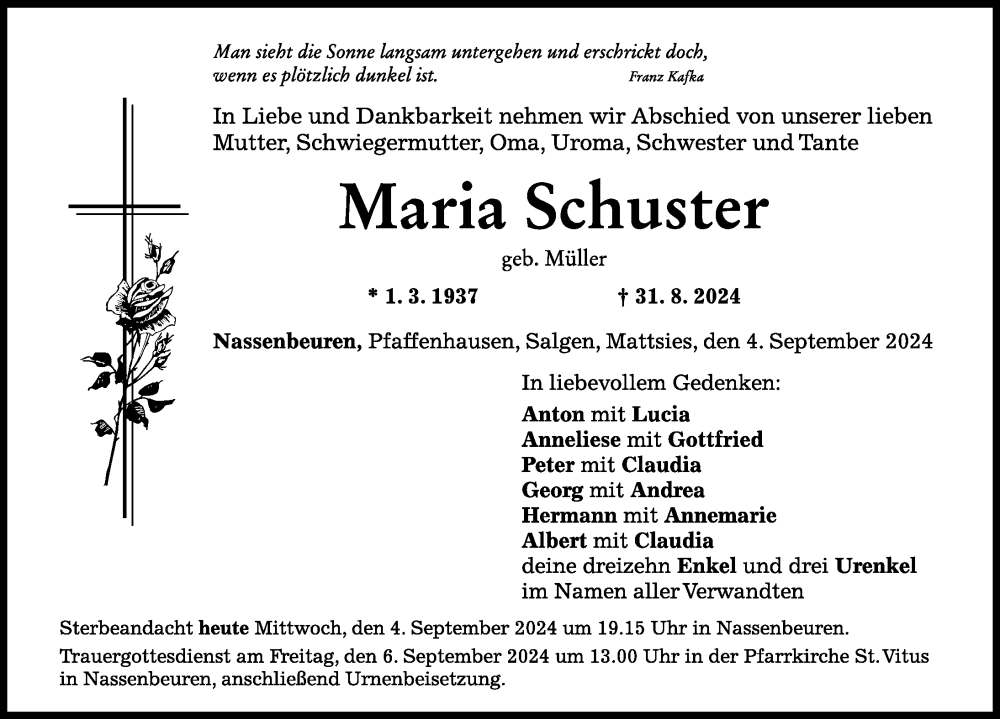 Traueranzeige von Maria Schuster von Mindelheimer Zeitung