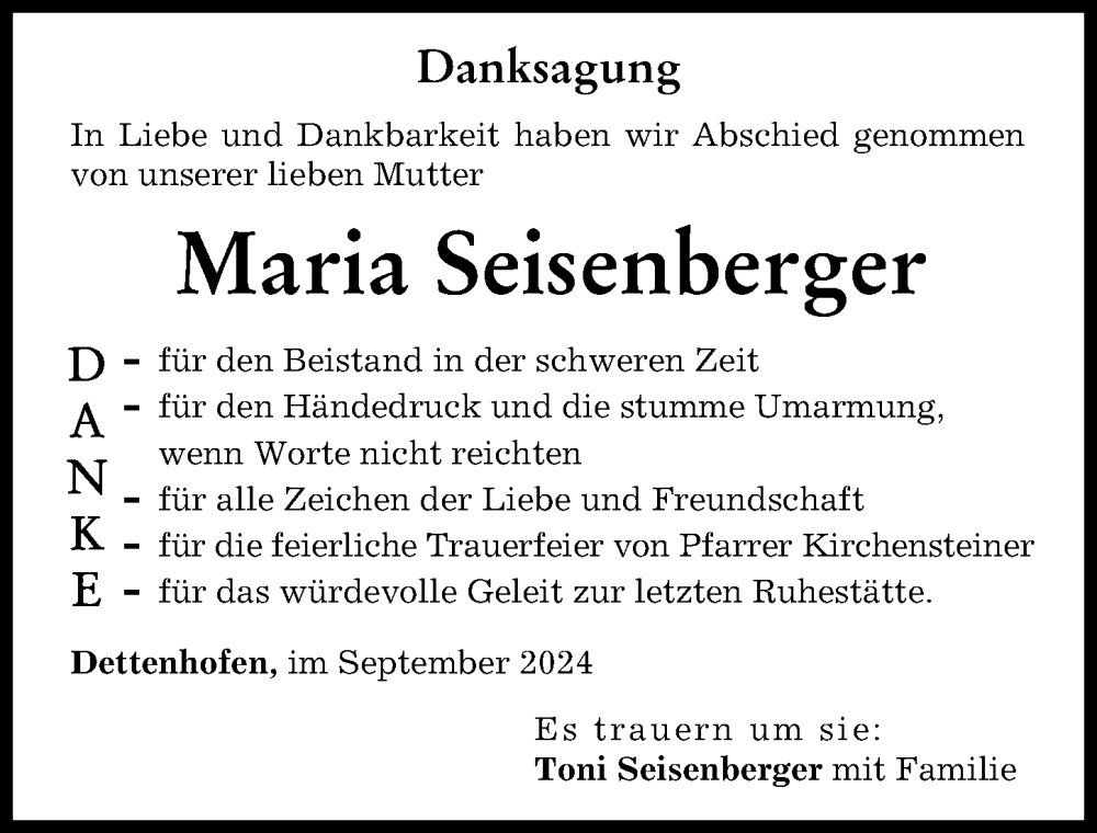 Traueranzeige von Maria Seisenberger von Ammersee Kurier