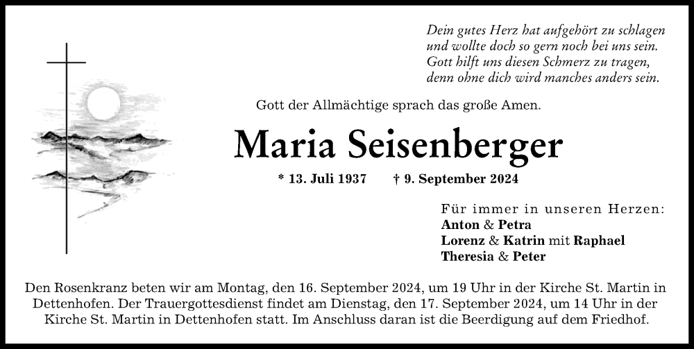 Traueranzeige von Maria Seisenberger von Ammersee Kurier