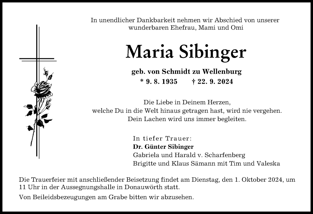 Traueranzeige von Maria Sibinger von Donauwörther Zeitung