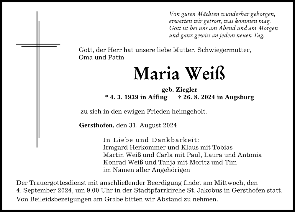 Traueranzeige von Maria Weiß von Augsburger Allgemeine