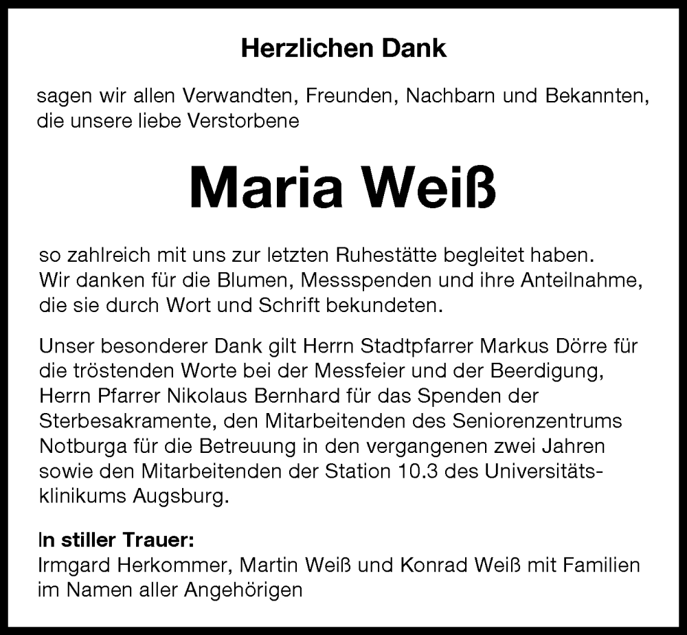 Traueranzeige von Maria Weiß von Aichacher Nachrichten, Augsburg-Land