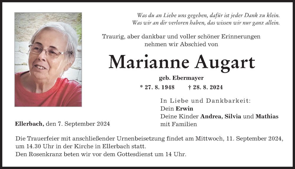 Traueranzeige von Marianne Augart von Donau Zeitung