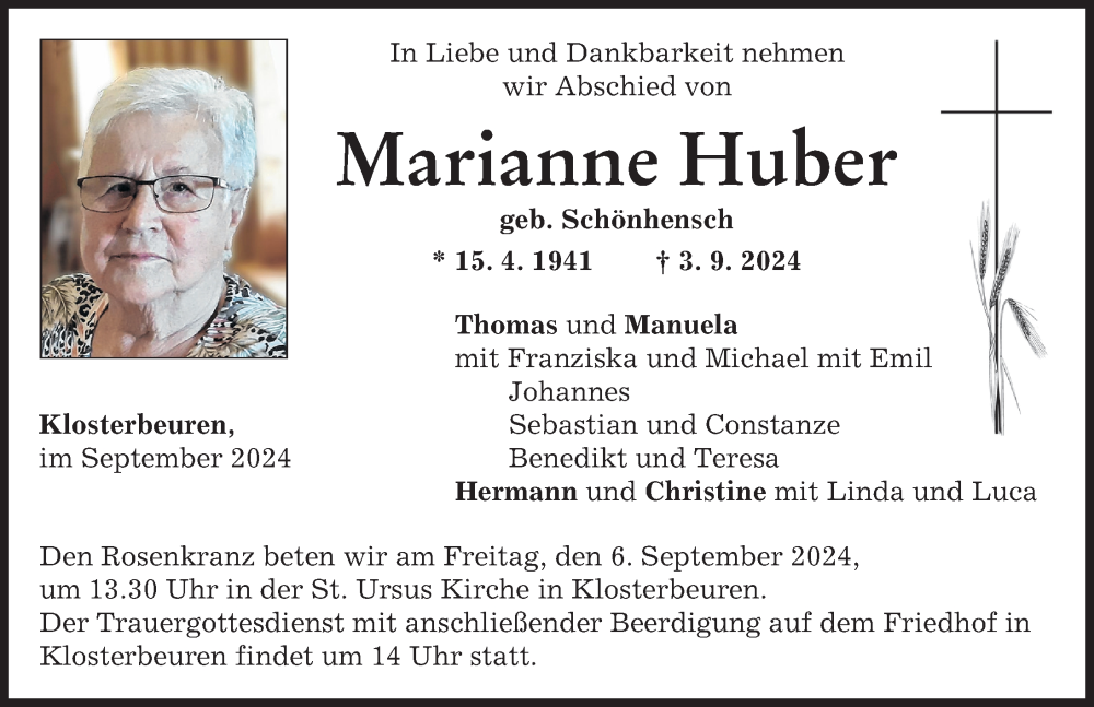 Traueranzeige von Marianne Huber von Illertisser Zeitung