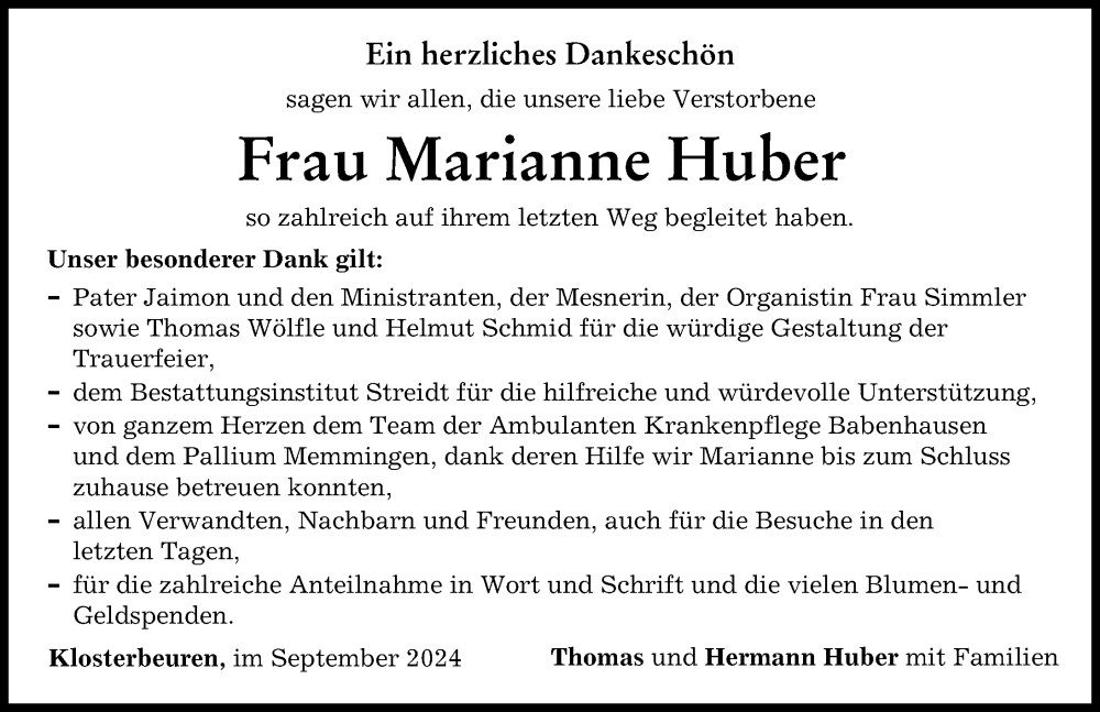 Traueranzeige von Marianne Huber von Illertisser Zeitung