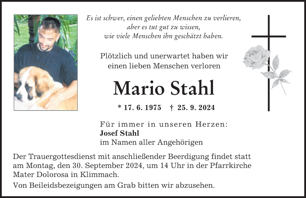 Traueranzeige von Mario Stahl von Schwabmünchner Allgemeine