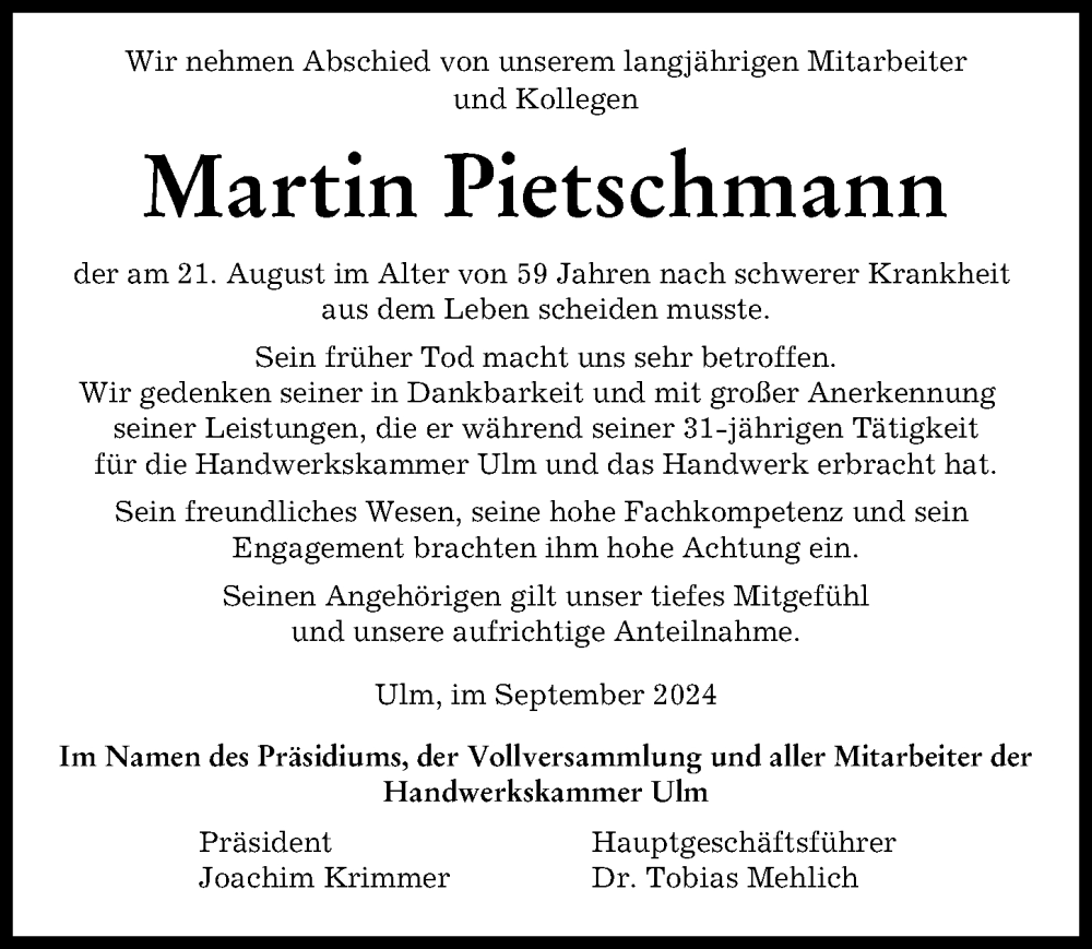 Traueranzeige von Martin Pietschmann von Neu-Ulmer Zeitung