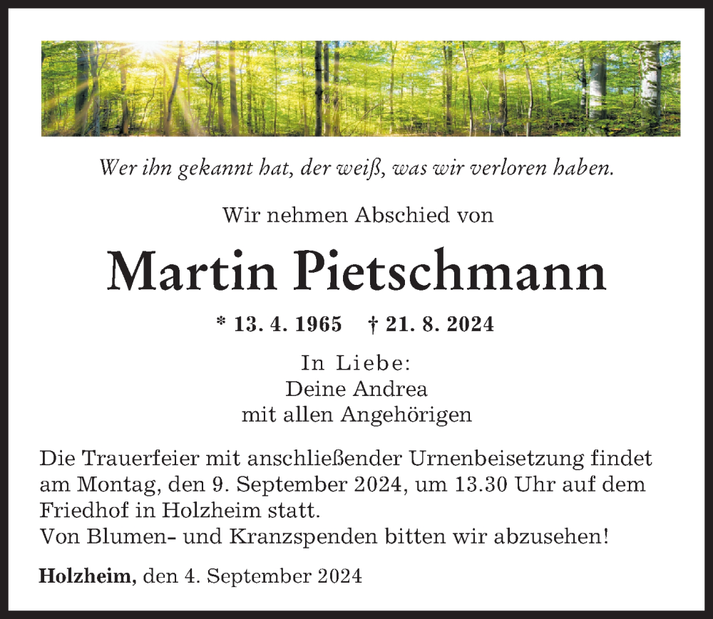 Traueranzeige von Martin Pietschmann von Neu-Ulmer Zeitung