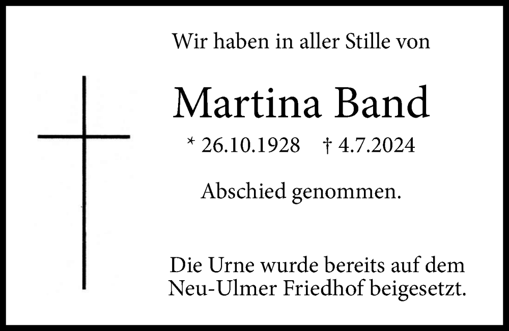 Traueranzeige von Martina Band von Neu-Ulmer Zeitung