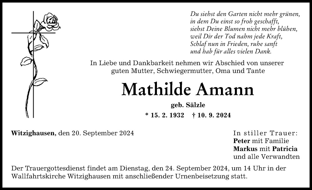 Traueranzeige von Mathilde Amann von Neu-Ulmer Zeitung