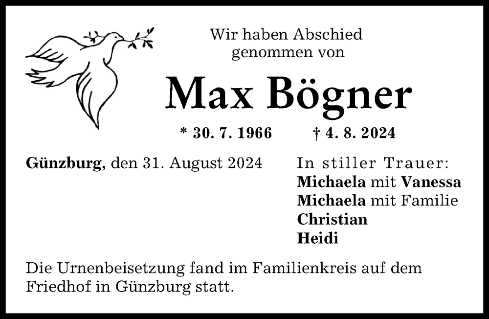 Traueranzeige von Max Bögner von Günzburger Zeitung