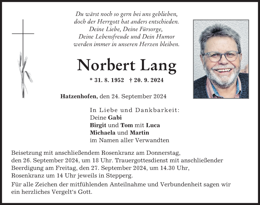 Traueranzeige von Norbert Lang von Neuburger Rundschau