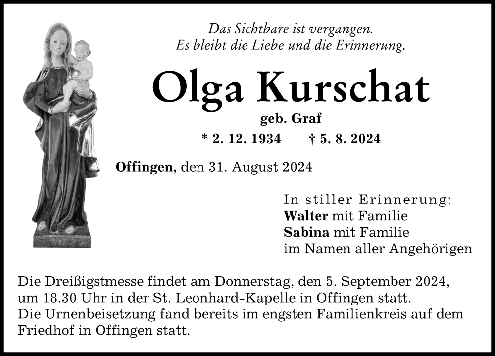 Traueranzeige von Olga Kurschat von Günzburger Zeitung