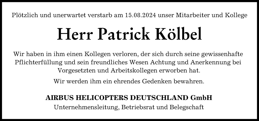 Traueranzeige von Patrick Kölbel von Donauwörther Zeitung