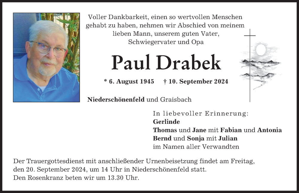 Traueranzeige von Paul Drabek von Donauwörther Zeitung