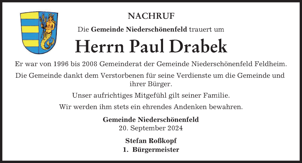 Traueranzeige von Paul Drabek von Donauwörther Zeitung