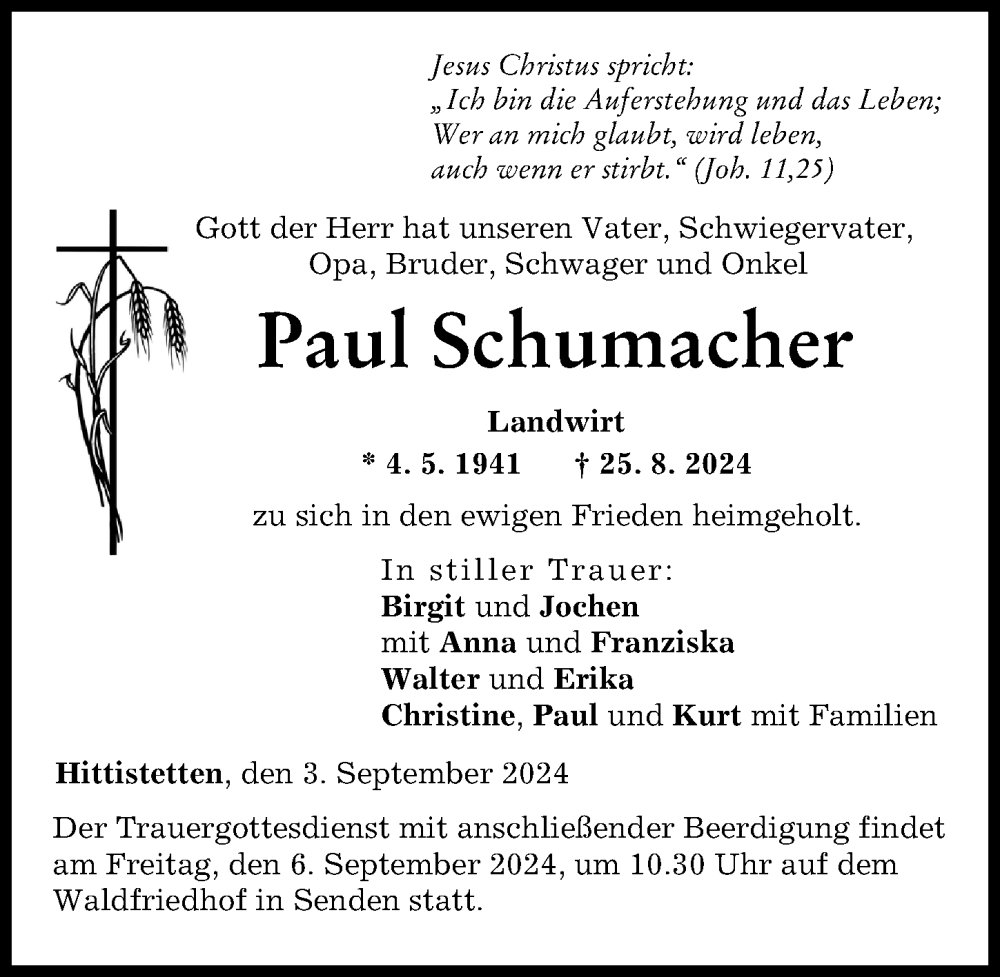 Traueranzeige von Paul Schumacher von Neu-Ulmer Zeitung