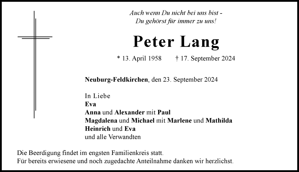 Traueranzeige von Peter Lang von Landsberger Tagblatt