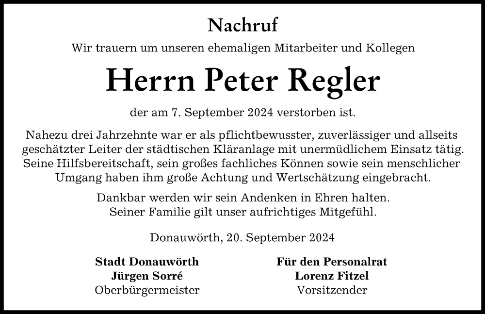 Traueranzeige von Peter Regler von Donauwörther Zeitung