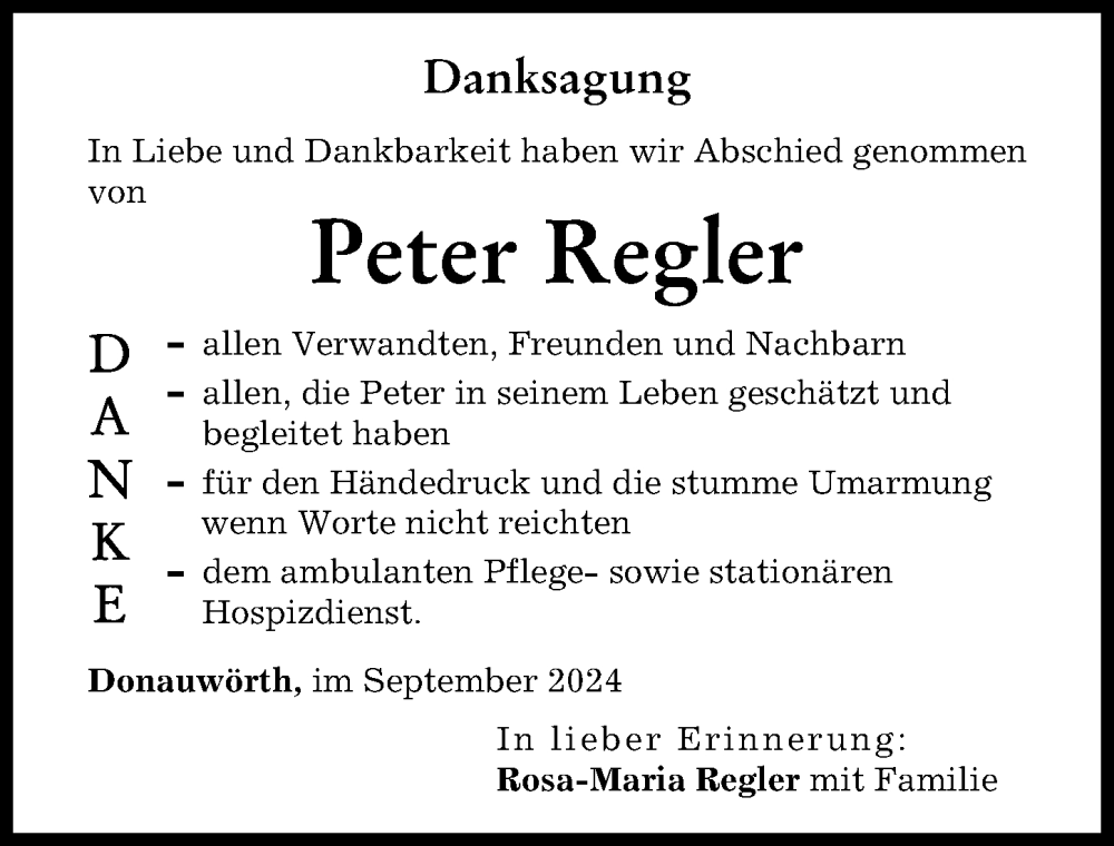 Traueranzeige von Peter Regler von Donauwörther Zeitung